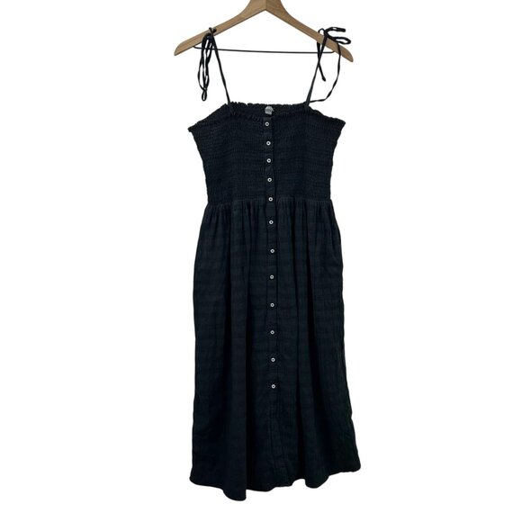 Aerie Women's Size Large Black Smocked Ribbed Midi Tie Strap Button Down Dress - Picture 11 of 16
